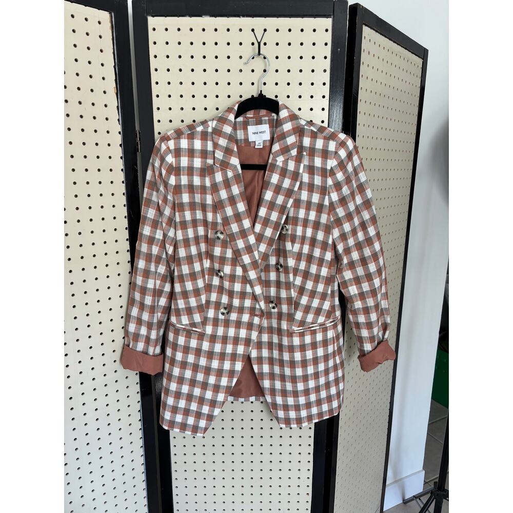Nine West Checkered Brown Plaid Blazer Espresso Officewear XS — Double-Breasted - Picture 2 of 7